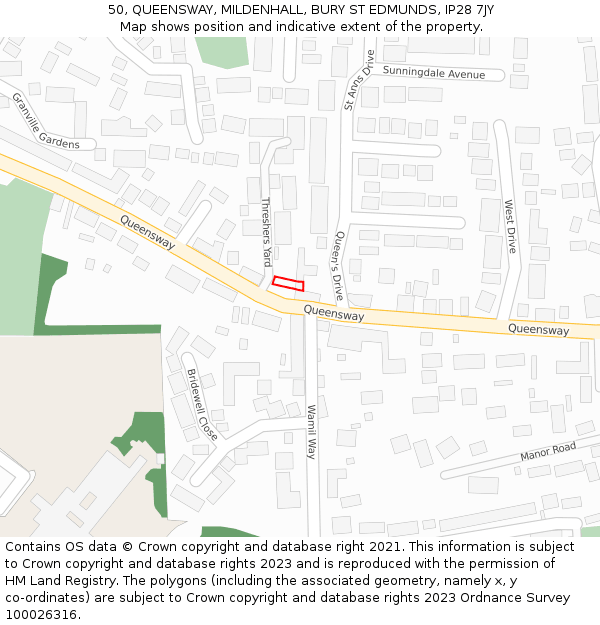 50, QUEENSWAY, MILDENHALL, BURY ST EDMUNDS, IP28 7JY: Location map and indicative extent of plot
