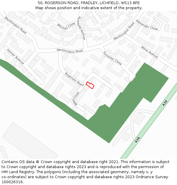 50, ROGERSON ROAD, FRADLEY, LICHFIELD, WS13 8PE: Location map and indicative extent of plot