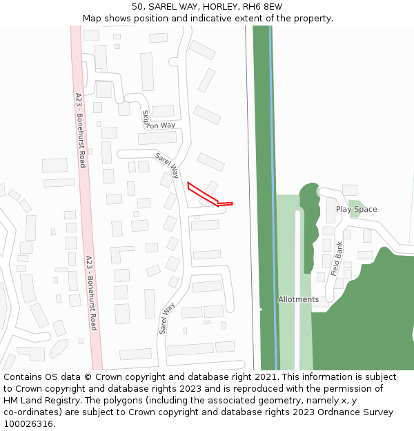 50, SAREL WAY, HORLEY, RH6 8EW: Location map and indicative extent of plot