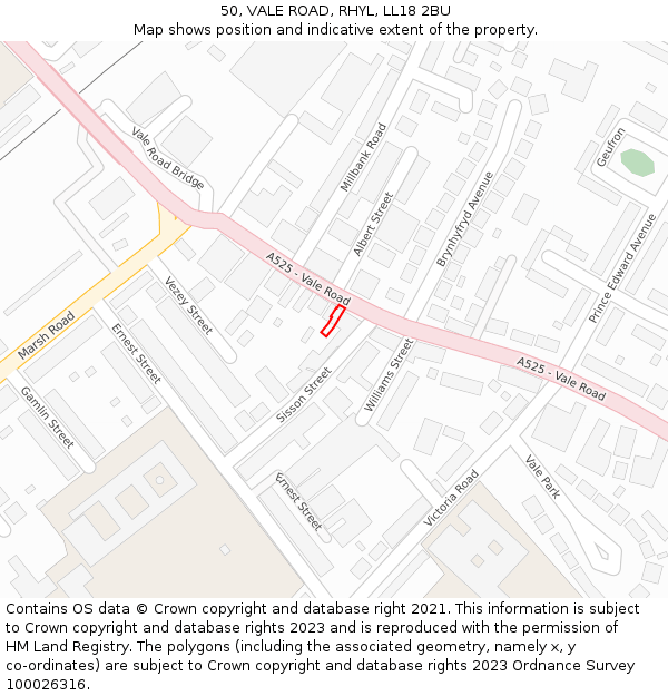50, VALE ROAD, RHYL, LL18 2BU: Location map and indicative extent of plot