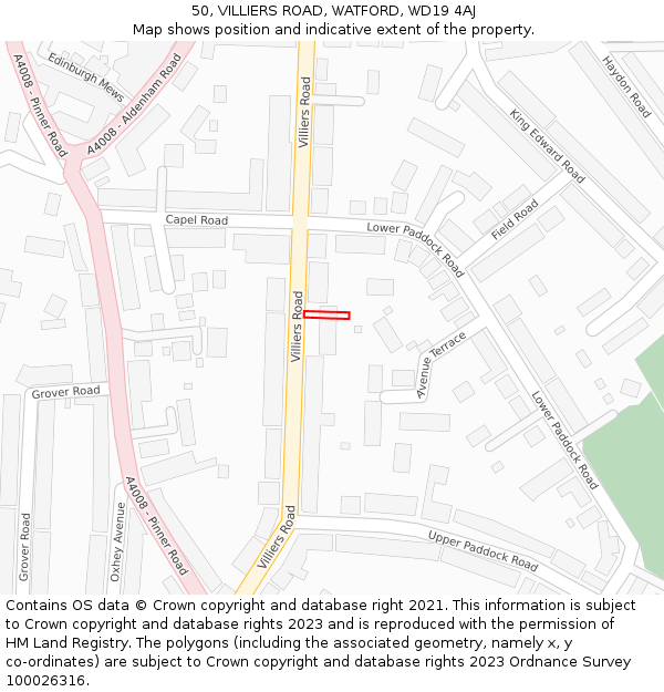 50, VILLIERS ROAD, WATFORD, WD19 4AJ: Location map and indicative extent of plot