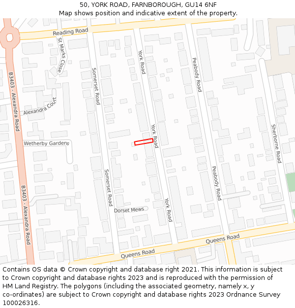 50, YORK ROAD, FARNBOROUGH, GU14 6NF: Location map and indicative extent of plot