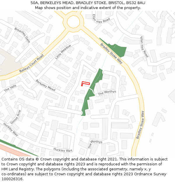 50A, BERKELEYS MEAD, BRADLEY STOKE, BRISTOL, BS32 8AU: Location map and indicative extent of plot