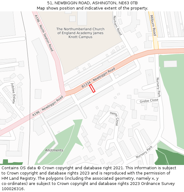 51, NEWBIGGIN ROAD, ASHINGTON, NE63 0TB: Location map and indicative extent of plot