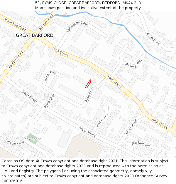51, PYMS CLOSE, GREAT BARFORD, BEDFORD, MK44 3HY: Location map and indicative extent of plot