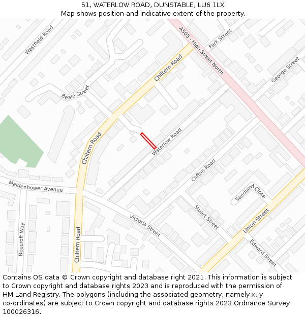 51, WATERLOW ROAD, DUNSTABLE, LU6 1LX: Location map and indicative extent of plot