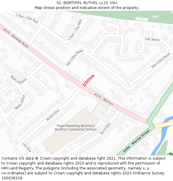 52, BORTHYN, RUTHIN, LL15 1NU: Location map and indicative extent of plot