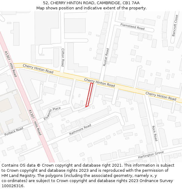 52, CHERRY HINTON ROAD, CAMBRIDGE, CB1 7AA: Location map and indicative extent of plot