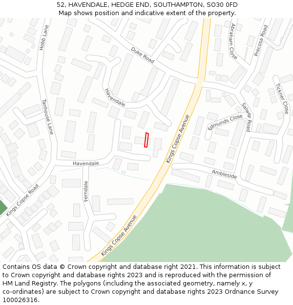52, HAVENDALE, HEDGE END, SOUTHAMPTON, SO30 0FD: Location map and indicative extent of plot