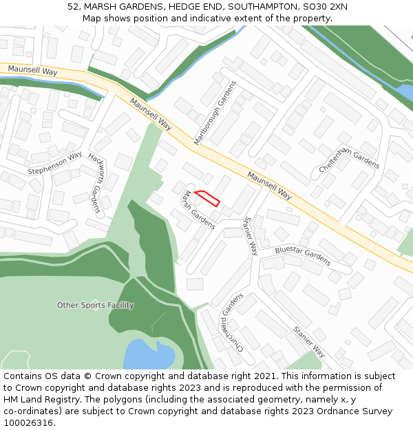 52, MARSH GARDENS, HEDGE END, SOUTHAMPTON, SO30 2XN: Location map and indicative extent of plot