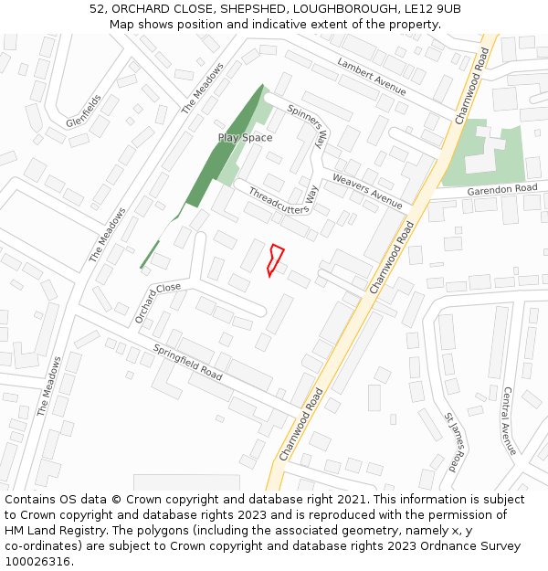 52, ORCHARD CLOSE, SHEPSHED, LOUGHBOROUGH, LE12 9UB: Location map and indicative extent of plot