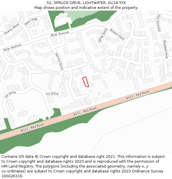 52, SPRUCE DRIVE, LIGHTWATER, GU18 5YX: Location map and indicative extent of plot