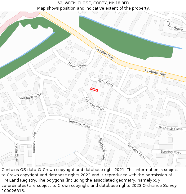 52, WREN CLOSE, CORBY, NN18 8FD: Location map and indicative extent of plot