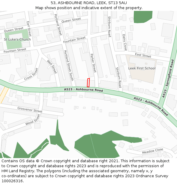 53, ASHBOURNE ROAD, LEEK, ST13 5AU: Location map and indicative extent of plot