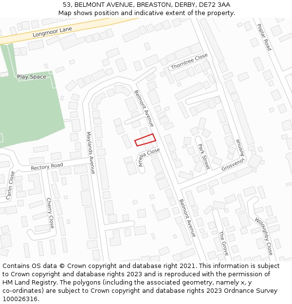 53, BELMONT AVENUE, BREASTON, DERBY, DE72 3AA: Location map and indicative extent of plot