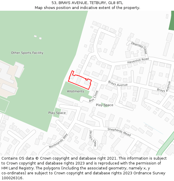 53, BRAYS AVENUE, TETBURY, GL8 8TL: Location map and indicative extent of plot