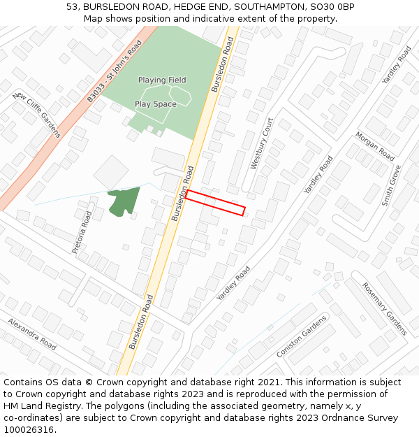 53, BURSLEDON ROAD, HEDGE END, SOUTHAMPTON, SO30 0BP: Location map and indicative extent of plot