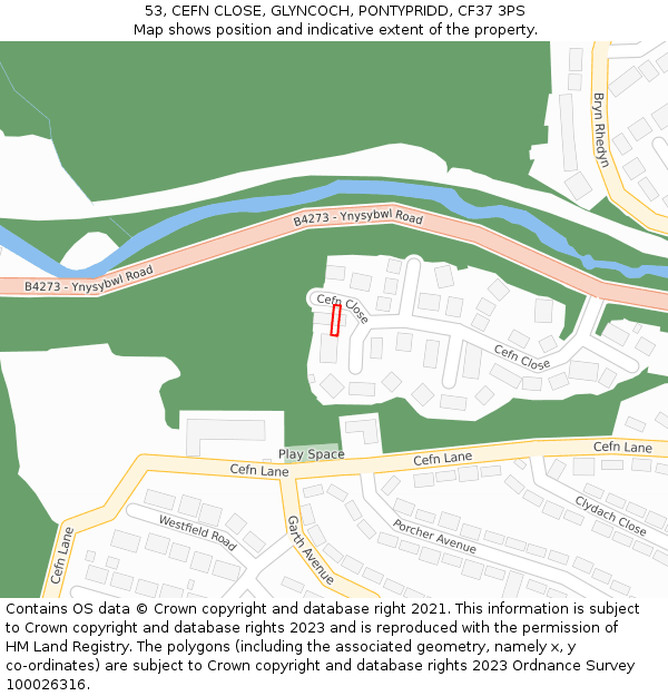53, CEFN CLOSE, GLYNCOCH, PONTYPRIDD, CF37 3PS: Location map and indicative extent of plot