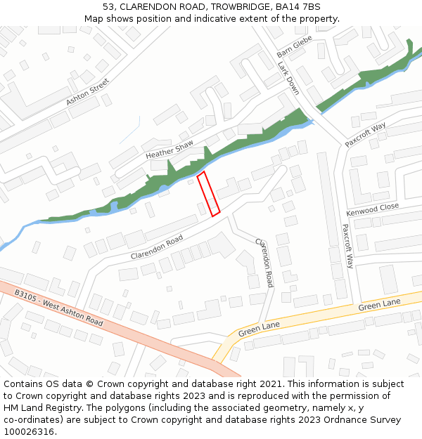 53, CLARENDON ROAD, TROWBRIDGE, BA14 7BS: Location map and indicative extent of plot
