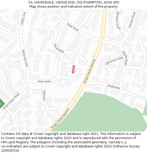 53, HAVENDALE, HEDGE END, SOUTHAMPTON, SO30 0FD: Location map and indicative extent of plot
