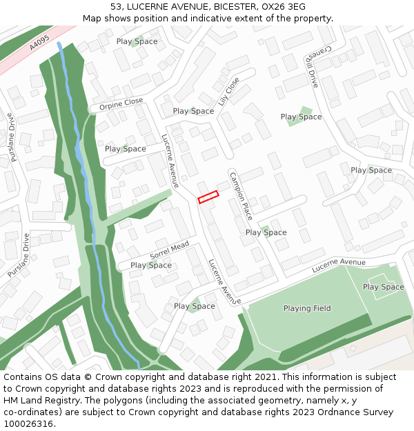 53, LUCERNE AVENUE, BICESTER, OX26 3EG: Location map and indicative extent of plot