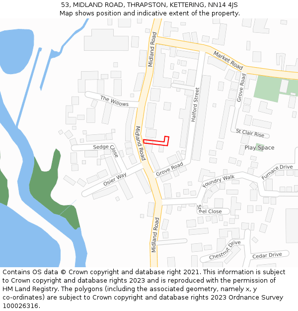 53, MIDLAND ROAD, THRAPSTON, KETTERING, NN14 4JS: Location map and indicative extent of plot