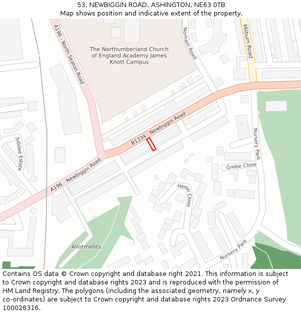 53, NEWBIGGIN ROAD, ASHINGTON, NE63 0TB: Location map and indicative extent of plot