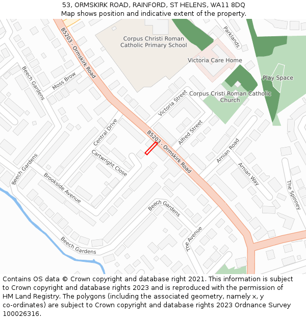53, ORMSKIRK ROAD, RAINFORD, ST HELENS, WA11 8DQ: Location map and indicative extent of plot