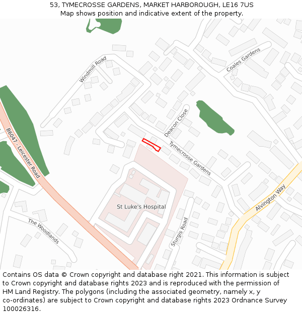 53, TYMECROSSE GARDENS, MARKET HARBOROUGH, LE16 7US: Location map and indicative extent of plot