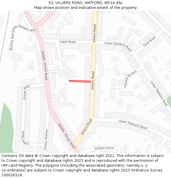 53, VILLIERS ROAD, WATFORD, WD19 4AL: Location map and indicative extent of plot