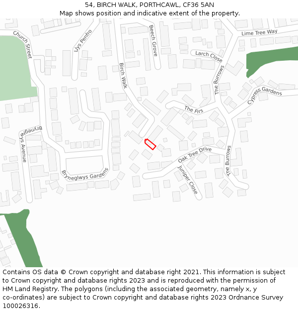 54, BIRCH WALK, PORTHCAWL, CF36 5AN: Location map and indicative extent of plot