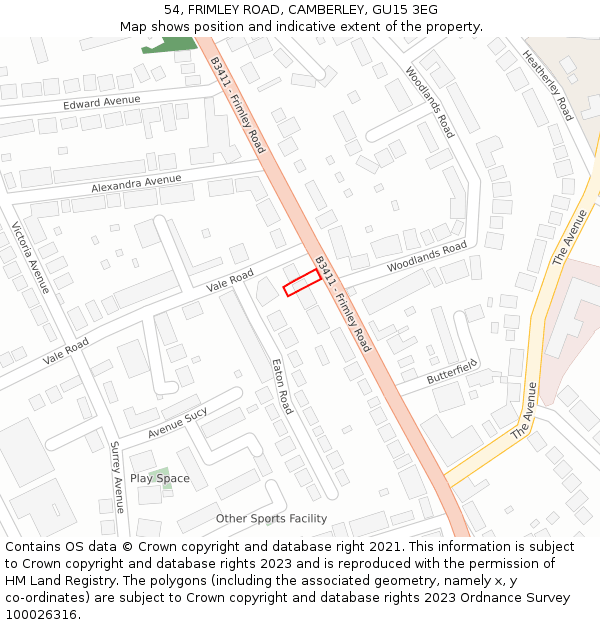 54, FRIMLEY ROAD, CAMBERLEY, GU15 3EG: Location map and indicative extent of plot