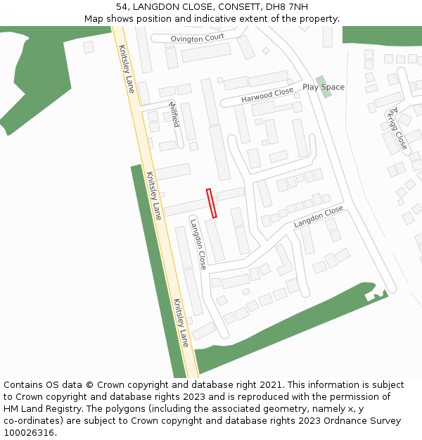 54, LANGDON CLOSE, CONSETT, DH8 7NH: Location map and indicative extent of plot