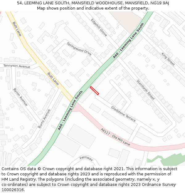 54, LEEMING LANE SOUTH, MANSFIELD WOODHOUSE, MANSFIELD, NG19 9AJ: Location map and indicative extent of plot