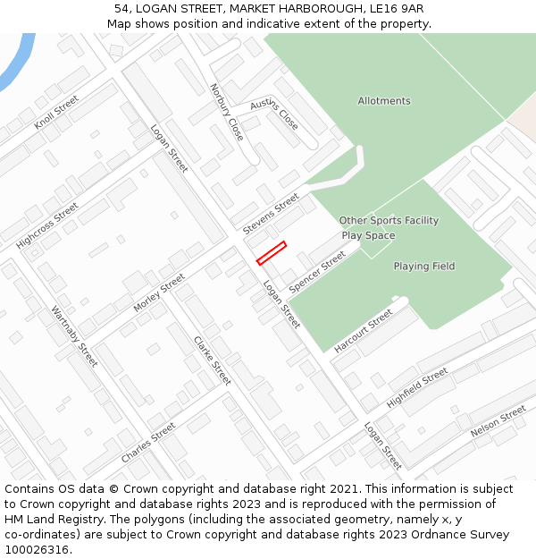 54, LOGAN STREET, MARKET HARBOROUGH, LE16 9AR: Location map and indicative extent of plot