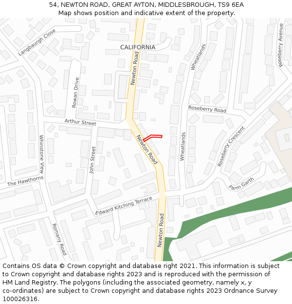 54, NEWTON ROAD, GREAT AYTON, MIDDLESBROUGH, TS9 6EA: Location map and indicative extent of plot