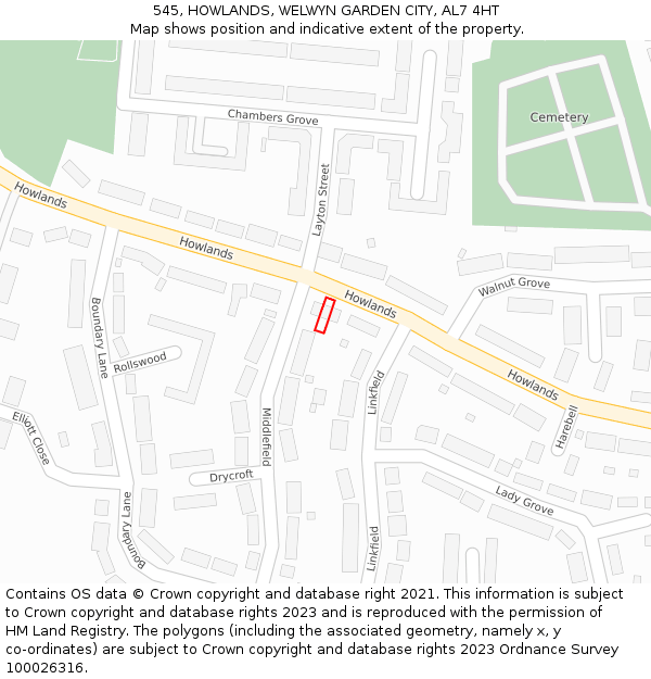 545, HOWLANDS, WELWYN GARDEN CITY, AL7 4HT: Location map and indicative extent of plot
