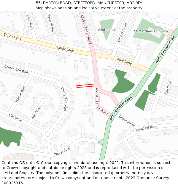 55, BARTON ROAD, STRETFORD, MANCHESTER, M32 9FA: Location map and indicative extent of plot