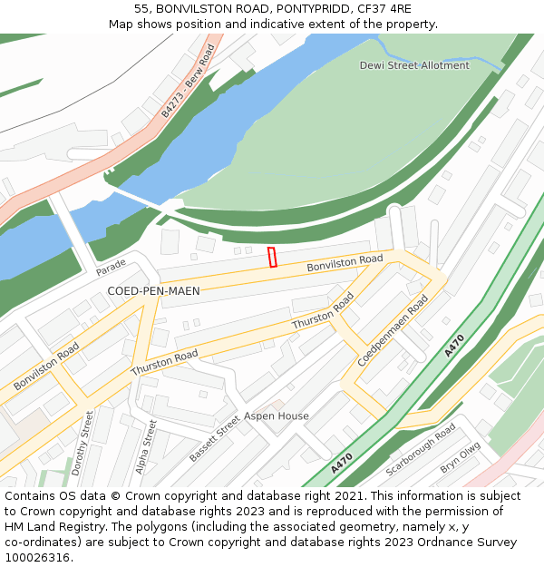55, BONVILSTON ROAD, PONTYPRIDD, CF37 4RE: Location map and indicative extent of plot