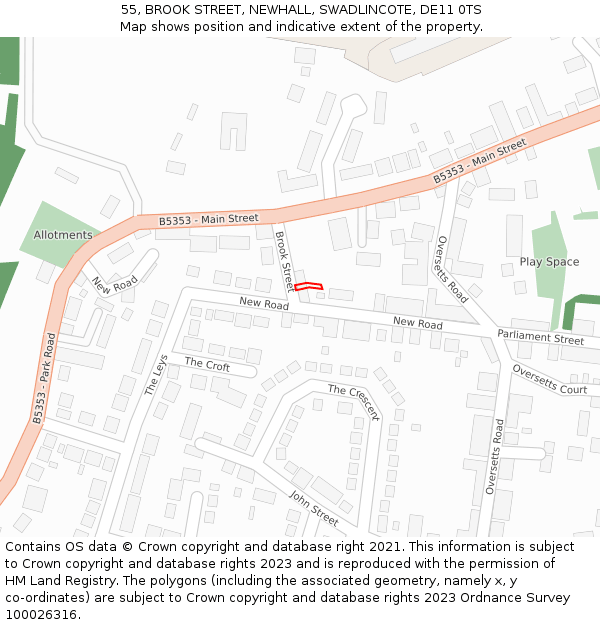 55, BROOK STREET, NEWHALL, SWADLINCOTE, DE11 0TS: Location map and indicative extent of plot