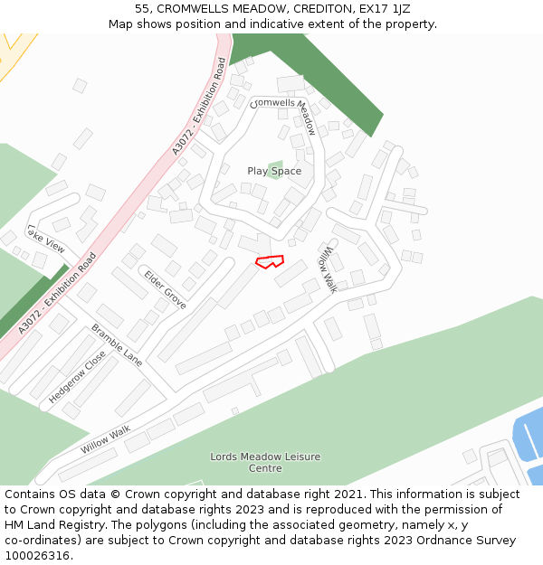 55, CROMWELLS MEADOW, CREDITON, EX17 1JZ: Location map and indicative extent of plot