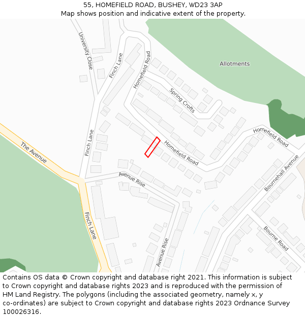 55, HOMEFIELD ROAD, BUSHEY, WD23 3AP: Location map and indicative extent of plot