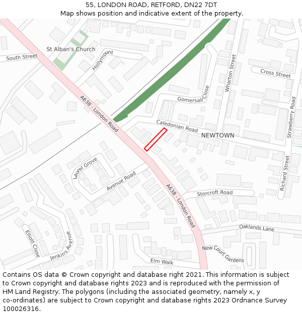 55, LONDON ROAD, RETFORD, DN22 7DT: Location map and indicative extent of plot