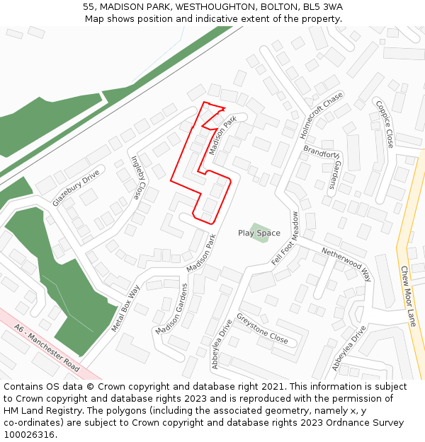 55, MADISON PARK, WESTHOUGHTON, BOLTON, BL5 3WA: Location map and indicative extent of plot