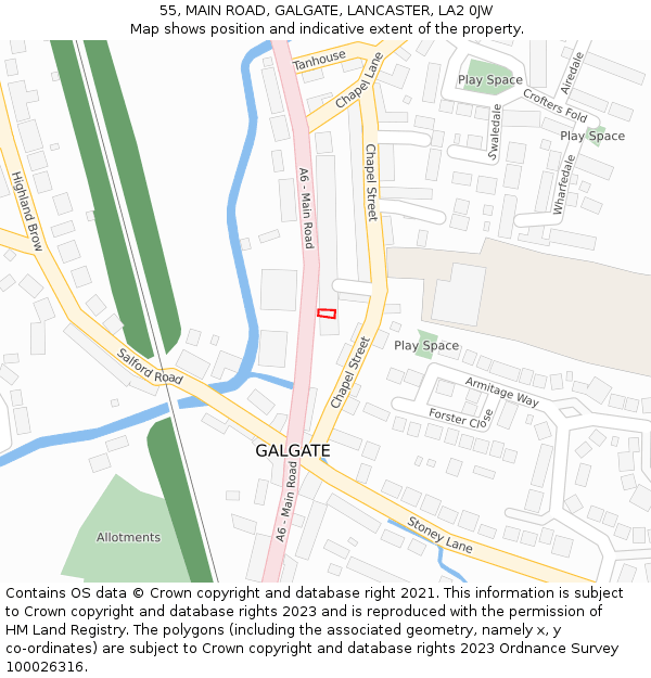 55, MAIN ROAD, GALGATE, LANCASTER, LA2 0JW: Location map and indicative extent of plot