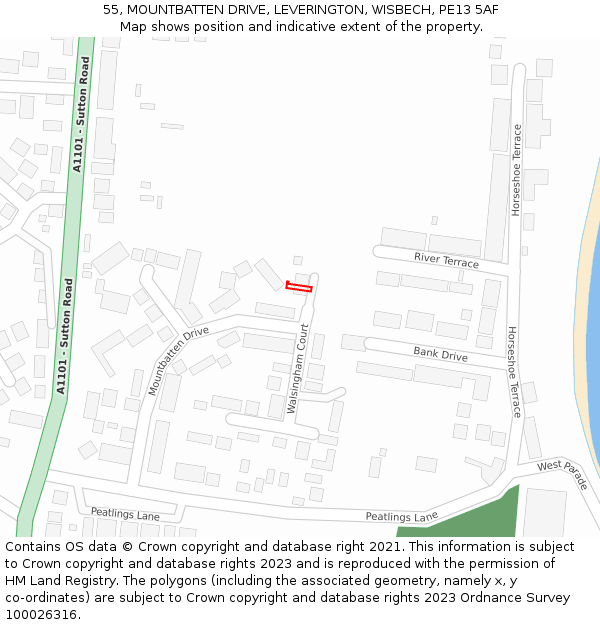 55, MOUNTBATTEN DRIVE, LEVERINGTON, WISBECH, PE13 5AF: Location map and indicative extent of plot