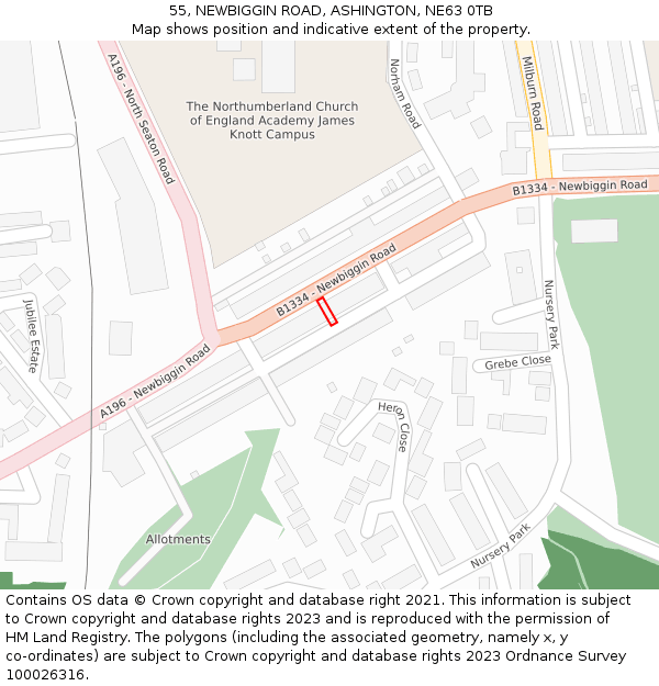 55, NEWBIGGIN ROAD, ASHINGTON, NE63 0TB: Location map and indicative extent of plot