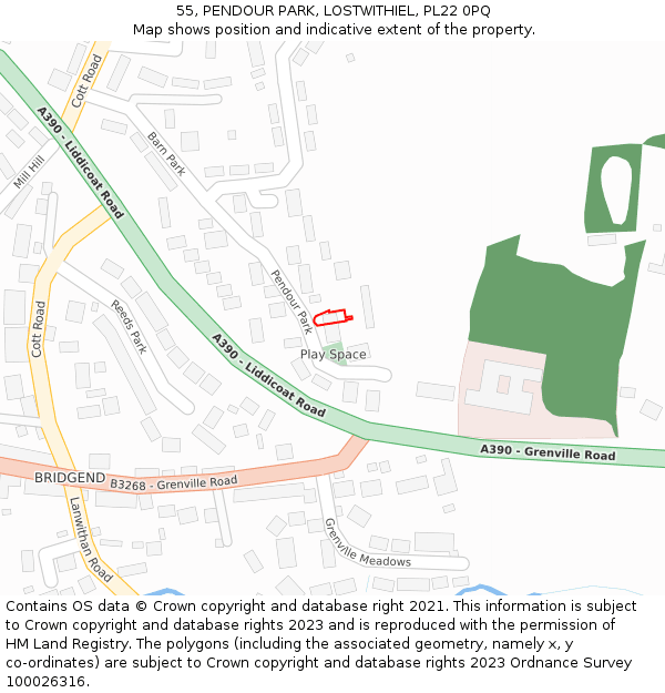 55, PENDOUR PARK, LOSTWITHIEL, PL22 0PQ: Location map and indicative extent of plot