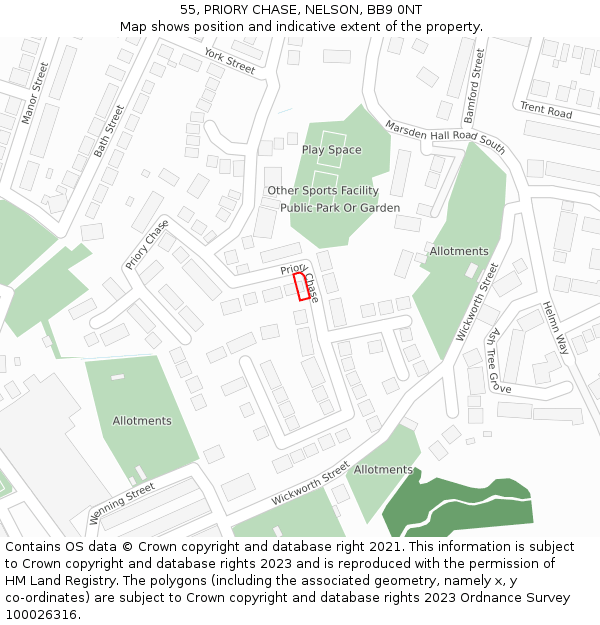 55, PRIORY CHASE, NELSON, BB9 0NT: Location map and indicative extent of plot