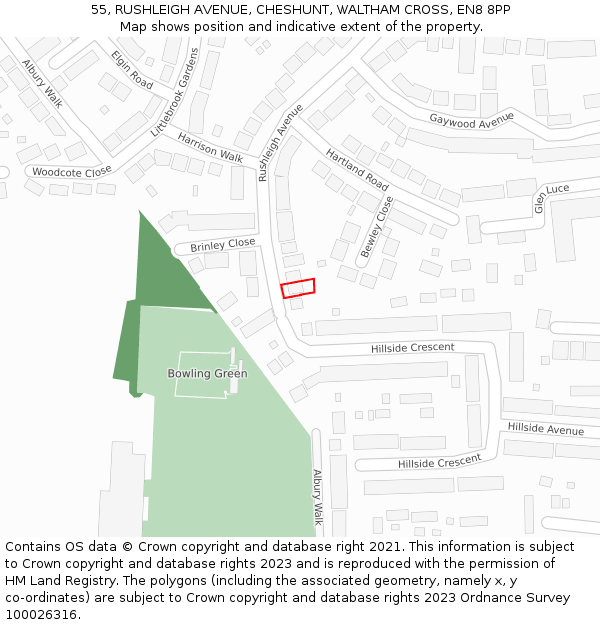 55, RUSHLEIGH AVENUE, CHESHUNT, WALTHAM CROSS, EN8 8PP: Location map and indicative extent of plot